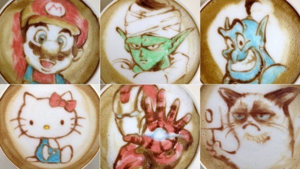Красочные портреты аниме-персонажей на кофейной пенке.