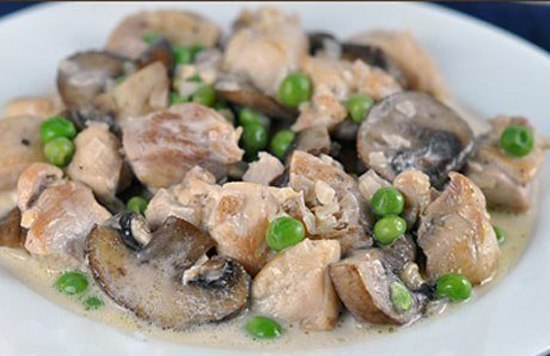 Курица с грибами и зеленым горошком.